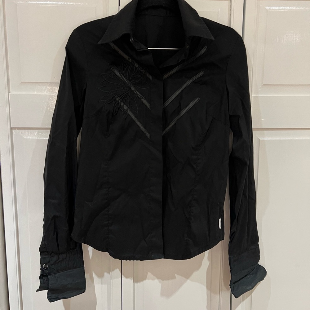 Versace Black Button Down Blouse with Flower Detail